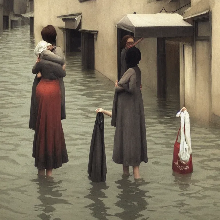 Image similar to two women hugging with a paper bag over the head dressed in plastic bags on flooded streets, highly detailed, artstation, art by, , edward hopper, Zdzislaw Beksinski, highly detailed