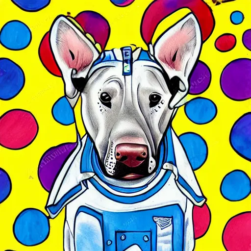 Image similar to A bull terrier in a spacesuit floating in space, colorful drawing