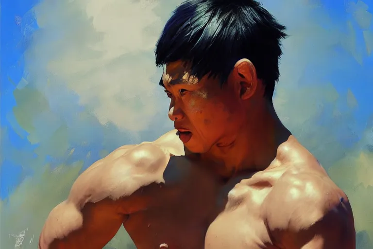 Image similar to greg manchess portrait of a filipino mma fighter uncontrolable laughter, profile picture, organic painting, sunny day, matte painting, bold shapes, hard edges, street art, trending on artstation, by huang guangjian, gil elvgren, ruan jia, randy vargas, greg rutkowski