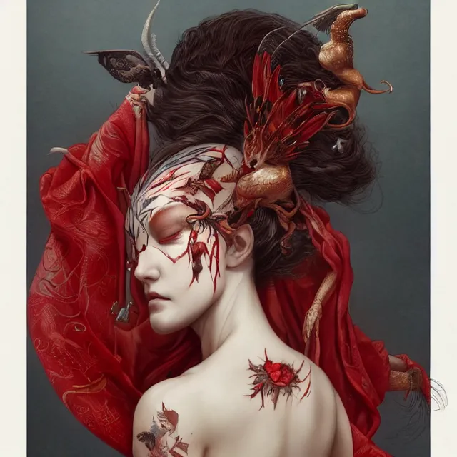 Image similar to ultra realistic illustration, beautiful ethereal woman dressed in red kimono, backview, tattoos, in the style of peter mohrbacher by weta digital and beth cavener, high face symmetry, intricate, masterpiece, award winning, high face symmetry, intricate