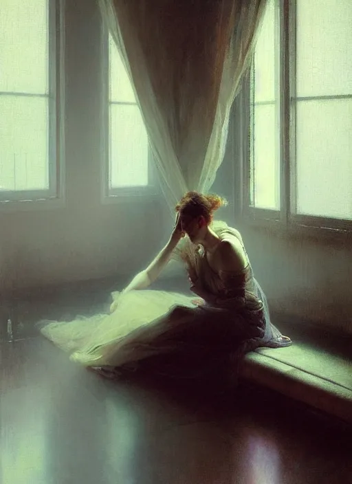 Image similar to a portrait of beautiful woman sitting in the floor, inside a modern apartment, detailed oil painting, misty, ethereal, dramatic lighting, 8 k, by jeremy mann and ruan jia and alphonse mucha