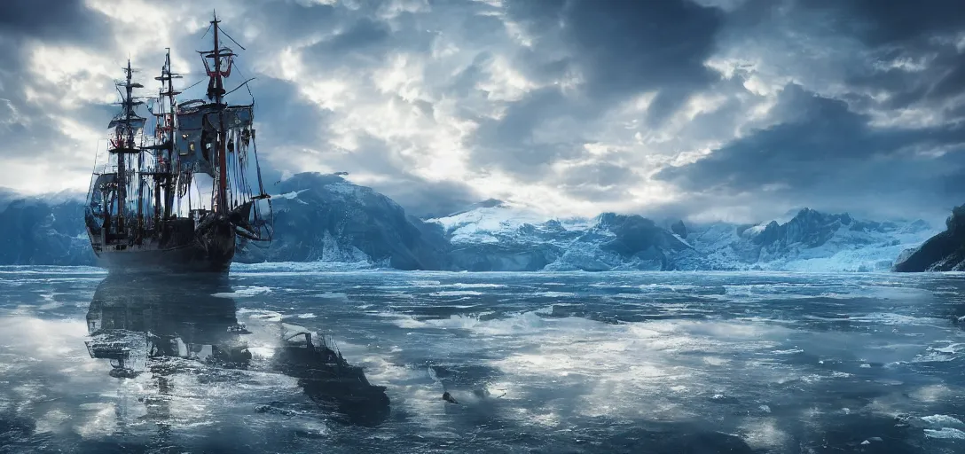 Prompt: close up of a large pirate ship sailing on a glacial lake, landscape photography by marc adamus, dramatic lighting, thunder, dramatic,