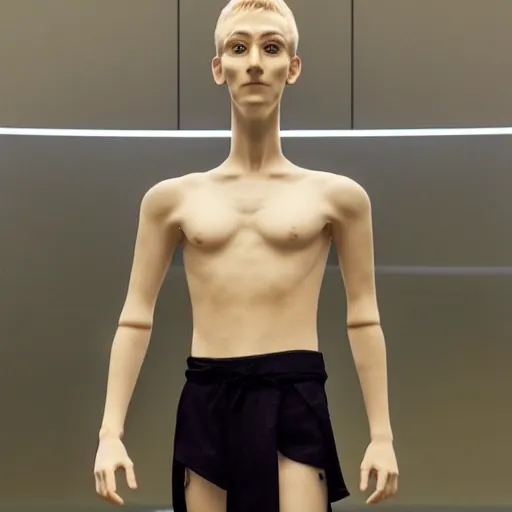 Image similar to a realistic detailed photo of a guy who is an attractive humanoid who is half robot and half humanoid, who is a male android, twitch streamer ninja tyler blevin, shiny skin, posing like a statue, blank stare, at the museum, on display