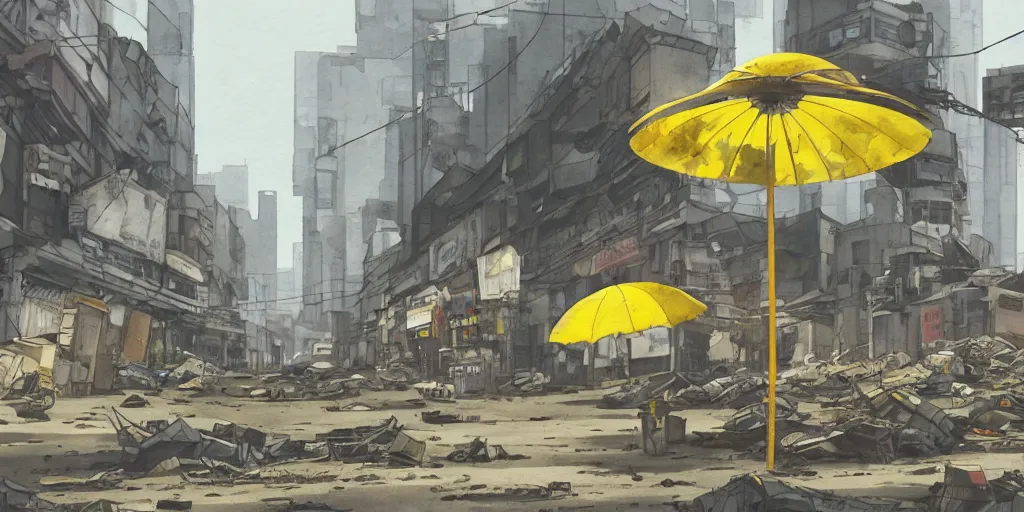 Image similar to a giant robot invasion side view, yellow parasol in deserted dusty shinjuku junk town, incredible wide screenshot, ultrawide, simple watercolor, rough paper texture, ghost in the shell movie scene, broken vending machines, bold graphic graffiti, old pawn shop, bright sun bleached ground, mud, fog, dust, windy, scary robot monster lurks in the background, ghost mask, teeth, animatronic, black smoke, pale beige sky, junk tv, texture, brown mud, dust, tangled overhead wires, telephone pole, dusty, dry, pencil marks, genius party, shinjuku, koji morimoto, katsuya terada, masamune shirow, tatsuyuki tanaka hd, 4k, remaster, dynamic camera angle, deep 3 point perspective, fish eye, dynamic scene