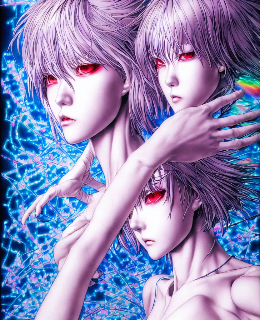 Image similar to realistic detailed image of ultra mega rainbow realistic detailed female character rei ayanami symmetrical depth perception masterpiece depth of field action horror gothic vivid colors art by yoshitaka amano by yukito kishiro by yoshiyuki sadamoto by artgerm by hajime sorayama