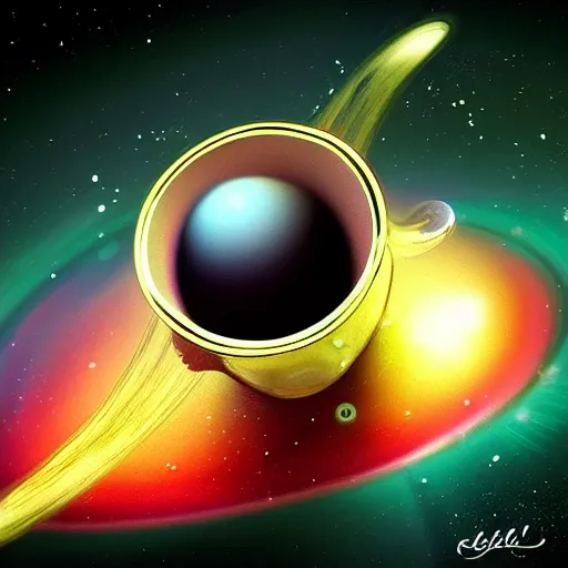 Prompt: a teacup containing a planet Jupiter as a boiling liquid, hyper realistic, digital art, colorful