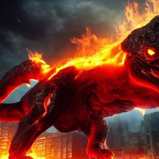 Image similar to Dark powerful creature all on fire with only one eye, destroying city, realistic photo, high detailed