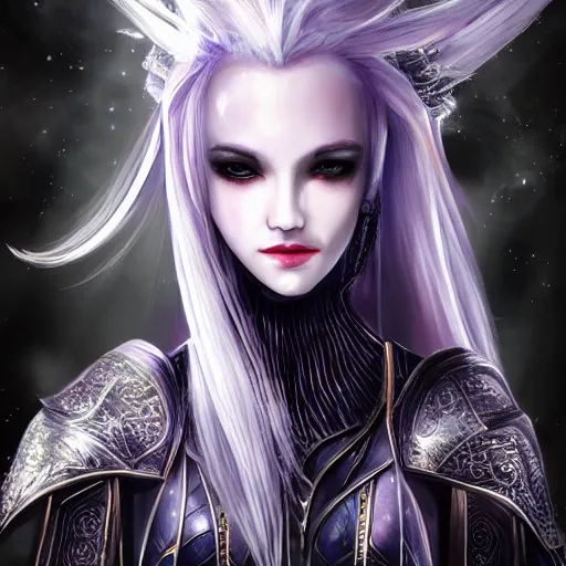 Image similar to portrait evilly white hair knights of Zodiac girl, metalic deep purple and black reflected armor, in ruined Agora of Athens thunder sparkling flash night, ssci-fi, fantasy, intricate, very very beautiful, elegant, highly detailed, digital painting, artstation, concept art, smooth, sharp focus, illustration, art by tian zi and WLOP and alphonse mucha