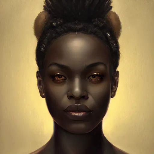 Image similar to a detailed matte oil on canvas head on symmetrical portrait of black skinned woman with long with hair, clothed by charlie bowater, lise deharme, wlop, trending on artstationhd, dungeons and dragons art critical role