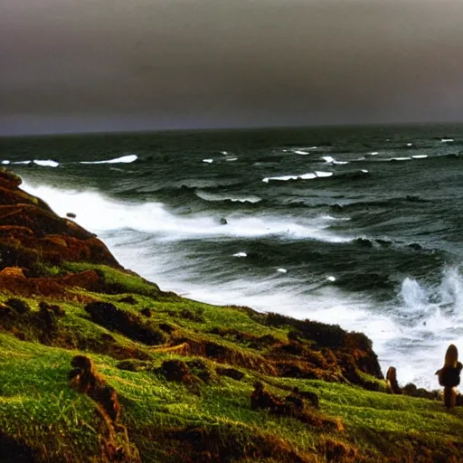 Prompt: moody 1 9 7 0's artistic technicolor spaghetti western film, a large huge group of women in a giant billowing wide long flowing waving green dresses, standing inside a green mossy irish rocky scenic coastline, crashing waves and sea foam, volumetric lighting, backlit, moody, atmospheric, fog, extremely windy, soft focus