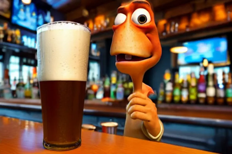 Prompt: a anthropomorphic pint of beer, pixar, who is a customer, waits to be served by a bartender,