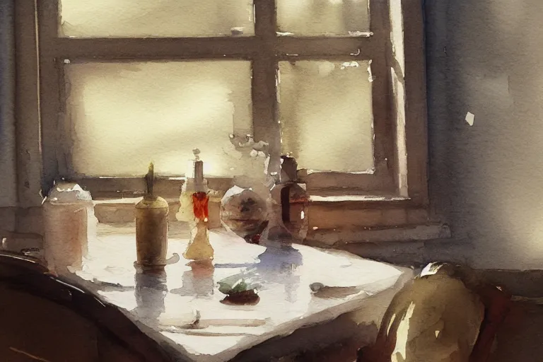 Prompt: small centered on watercolor paper, paint brush strokes, abstract watercolor painting of kitchen table, midday sharp light, dust, cinematic light, american romanticism by hans dahl, by jesper ejsing, by anders zorn, by greg rutkowski, by greg manchess, by tyler edlin