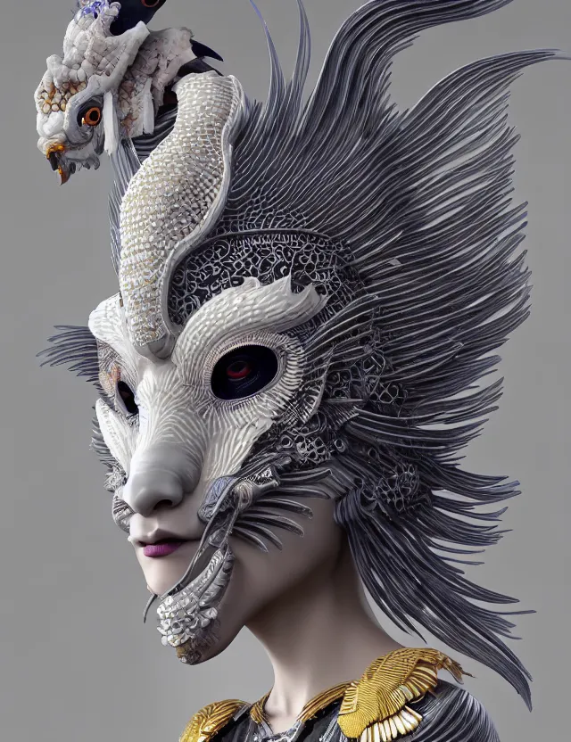 Image similar to 3 d goddess close - up 3 / 4 portrait with ram skull. beautiful intricately detailed japanese crow kitsune mask and clasical japanese kimono. betta fish, jellyfish phoenix, bio luminescent, plasma, ice, water, wind, creature, artwork by tooth wu and wlop and beeple and greg rutkowski