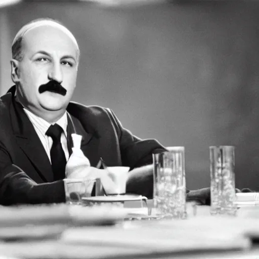 Prompt: Alexander Lukashenko in Dr. Strangelove or: How I Learned to Stop Worrying and Love the Bomb, cinematic still