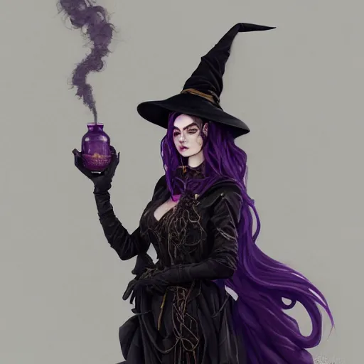 Prompt: an insanely detailed portrait of a beautiful witch with long dark purple hair standing in an smoky alchemy lab, tightly fitting black ornate dress and black witch hat, in the style of peter mohrbacher, artgerm, dramatic lighting and composition, octane render, trending on artstation, concept art 8 k