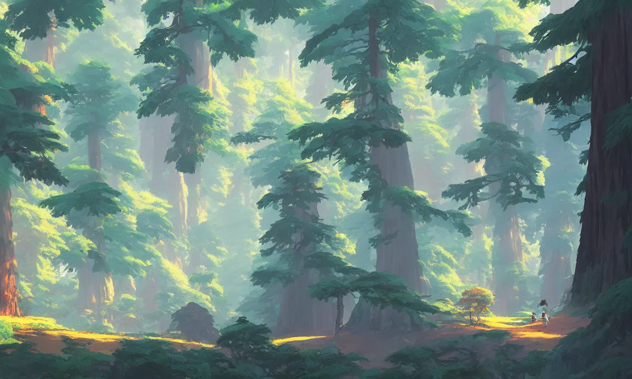 Image similar to Sequoia Park in a colorful moutain with beautiful trees ,morning , by studio ghibli painting, superior quality, masterpiece, traditional Japanese colors, by Grzegorz Rutkowski, concept art