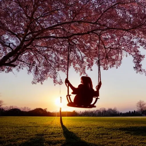 Prompt: young woman on a cherry tree swing, overlooking a shimmering sunset.