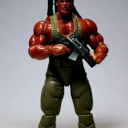 Prompt: a 12 inch action figure of Arnold Schwarzenegger from Predator. Big muscles. Holding an automatic rifle in his hands. Plastic shiny.