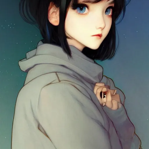 Image similar to beautifully pretty stoner girl, black sweater, grey skirt, red eyes, glittery short black hair, blue eyes, universal volumetric lighting, soft glow, by ilya kuvshinov, claude monet, range murata, artgerm, norman rockwell, alphonse mucha, highly detailed intricately sharp focus, trending on pinterest, unreal engine 5 4 k uhd image