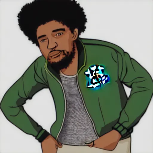 Image similar to vector art of a black man with afro hair and raspy bear stubble, wearing an army green adidas jacket, high quality, minimalist