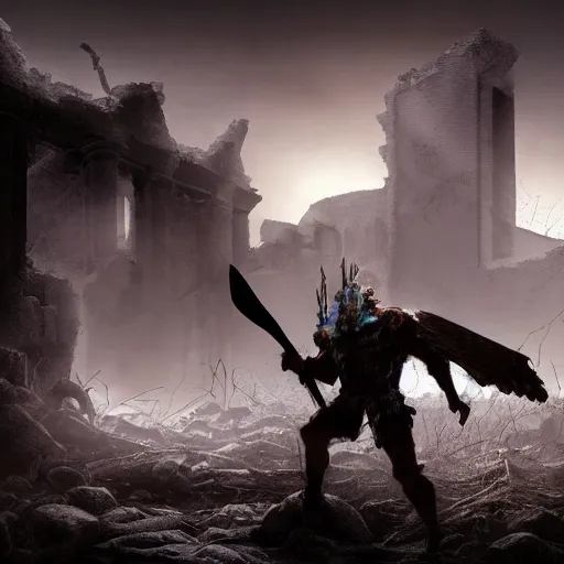 Image similar to 3D illustration of a futile human approaching a giant sentinel king wielding a mythical blade in the abandoned ruins, sharp, high detail, contrast between darkness and light, good versus evil, terror, hysterical, horrifying, digital art, destruction, the void, ominous, octane render, fear, very detailed, evil, trending on artstation, intricate details, high definition, 16k, Artstation, by John Wallin Libert, Dark souls