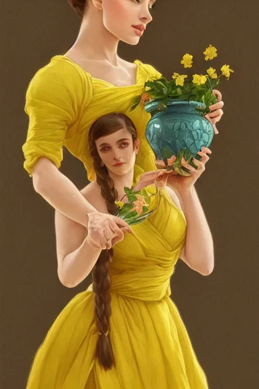 Image similar to beautiful cottagecore Ariana Grande holding a yellow colored vase. intricate, elegant. the background is yellow with voumetric lighting !. highly detailed, digital painting, artstation, concept art, smooth, sharp, focus, illustration. . art by artgerm and greg rutkowski and alphonse mucha