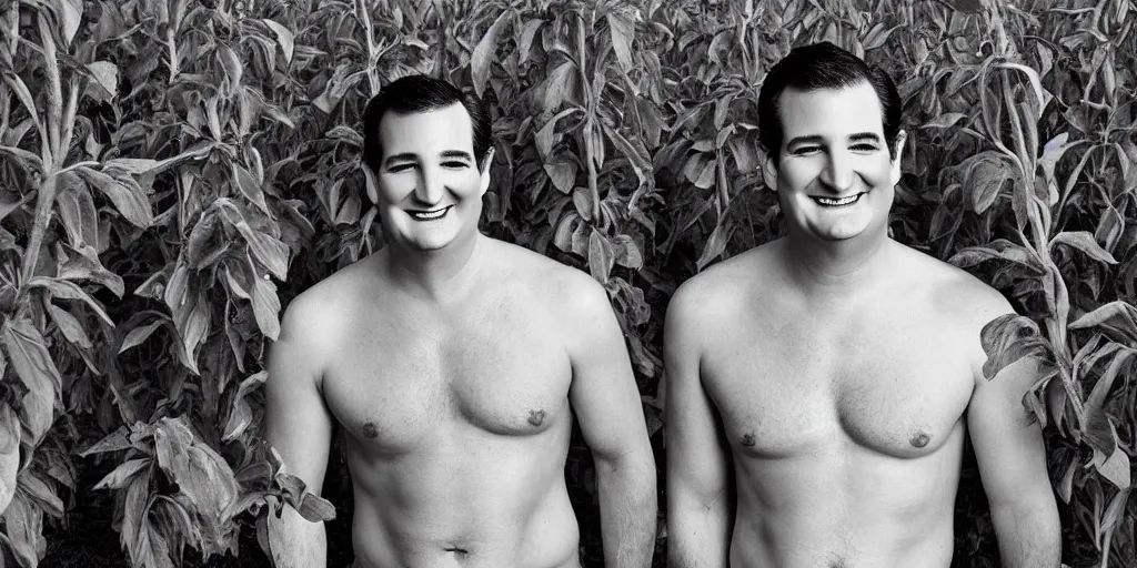 Prompt: impressive portrait of ted cruz shirtless in a tobacco field, professional photography, award winning, artgerm, detailed face, smiling