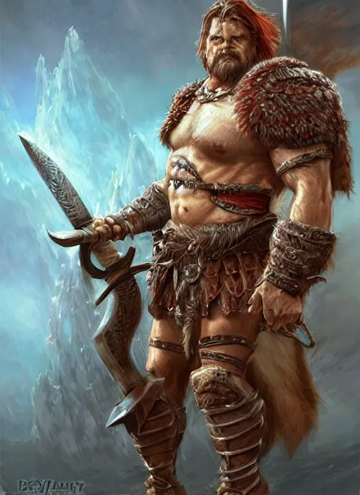 Image similar to barbarian warrior, ultra detailed fantasy, dndbeyond, bright, colourful, realistic, dnd character portrait, full body, pathfinder, pinterest, art by ralph horsley, dnd, rpg, lotr game design fanart by concept art, behance hd, artstation, deviantart, hdr render in unreal engine 5