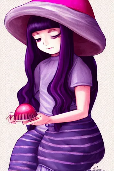 Prompt: a little girl wearing a mushroom hat in 9 0 s outfit | | purple curvy hair, pretty face, fine details, digial art by lois van baarle and sakimichan, anatomically correct, perfect composition, symmetrical, fantastic, clean details, anime character, extremely detailed, ray tracing