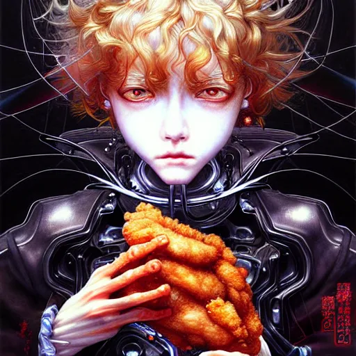 Image similar to a fried chiken, an ultrafine detailed painting by ayami kojima, cgsociety, fantasy, anime digital art, lovecraftian, cosmic horror, detailed painting