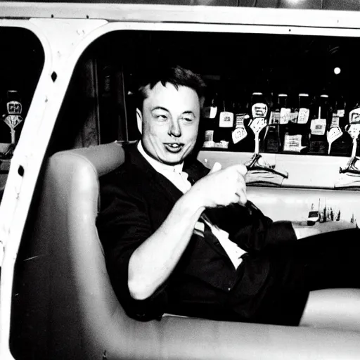 Prompt: retro photo of drunked elon musk driving bus, by hunter thompson