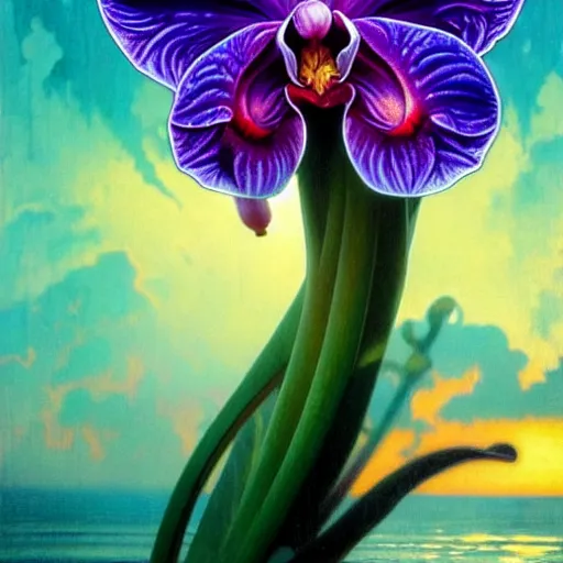 Image similar to detailed giant orchid flower surrounded by ocean wave, lsd water, lsd droplets, transparent dew, backlit, sunset, refracted lighting, art by collier, albert aublet, krenz cushart, artem demura, alphonse mucha