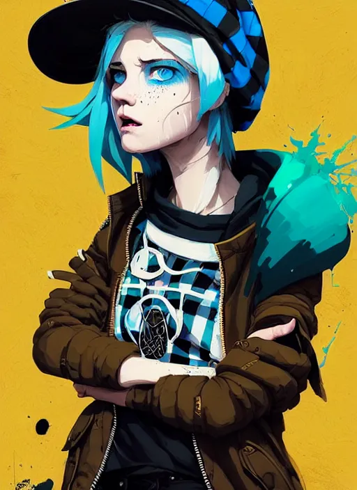 Image similar to highly detailed portrait of a sewer punk lady student, blue eyes, tartan hoody, hat, white hair by atey ghailan, by greg rutkowski, by greg tocchini, by james gilleard, by joe fenton, by kaethe butcher, gradient yellow, black, brown and cyan color scheme, grunge aesthetic!!! ( ( graffiti tag wall background ) )