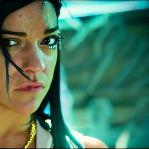 Prompt: cinematic scene with michelle rodriguez as jolyne from jojo's bizarre adventure, live action film, stone ocean, dramatic, small details, volumetric lighting, still frame