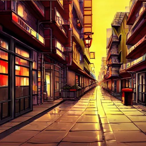 Prompt: beautiful anime scenery, city street at dusk