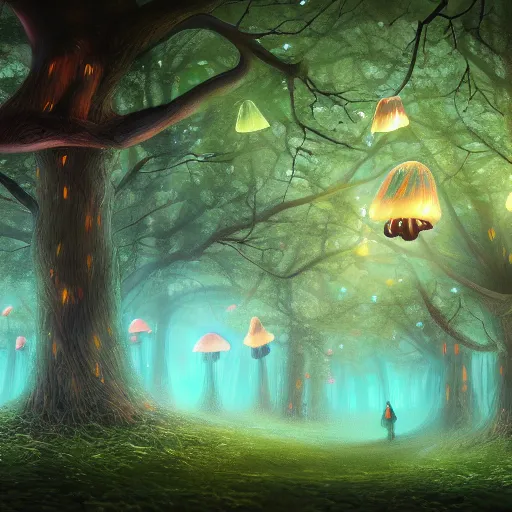 Prompt: Calm magical forest, glowing mushrooms, digital art, trending on Artstation