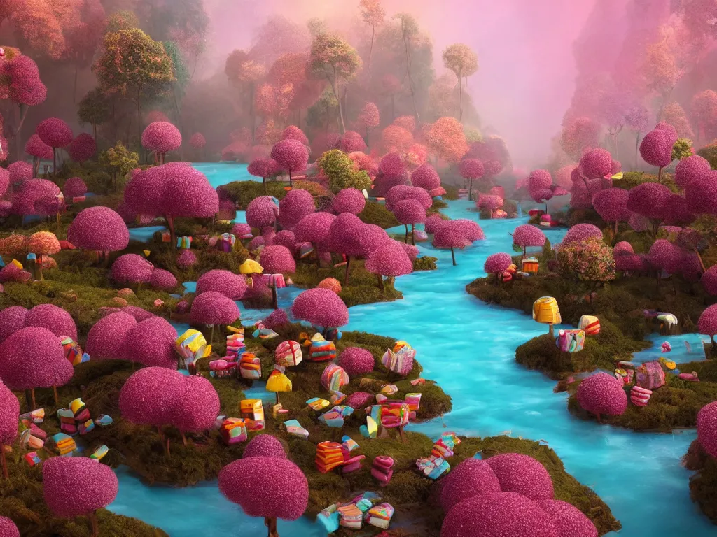 Image similar to an ultra realistic dream landscape of a chocolate river, trees made of candies cotton candy bushes roads made of buiscuits, octane render, unreal engine, 4 k, masterpiece, tilt shift, david lachapelle, alice in wonderland, trending on artstation,