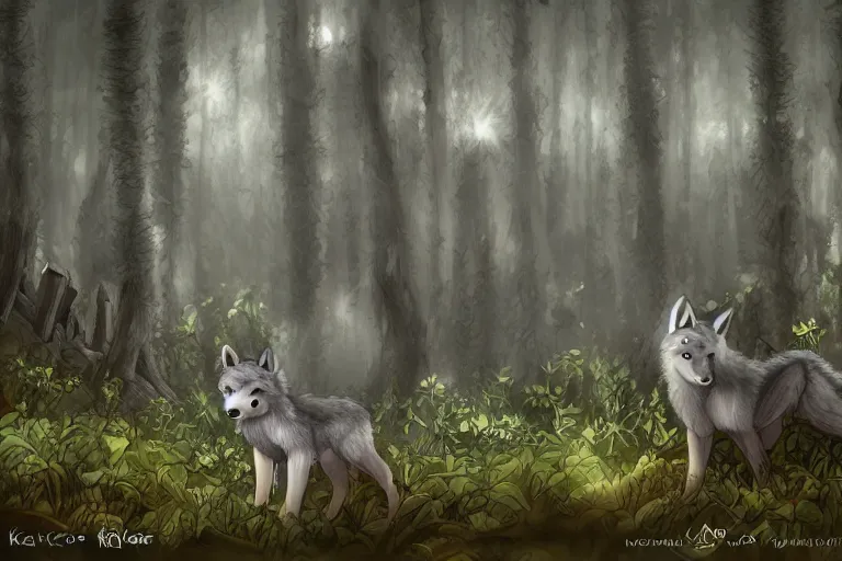 Image similar to a baby grey wolf in a dark forest, highly detailed, digital art, trending on artstation, backlighting, by kawacy, by ken sugimori, fan art