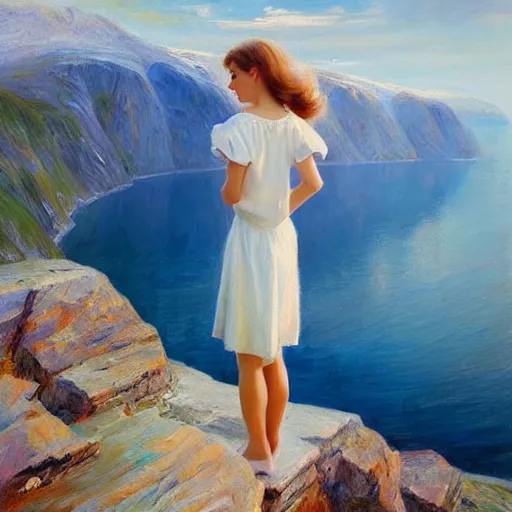 Image similar to beautiful 1950s blonde standing on top of Norwegian fjord, morning, atmospheric, dreamy, painting by Vladimir Volegov