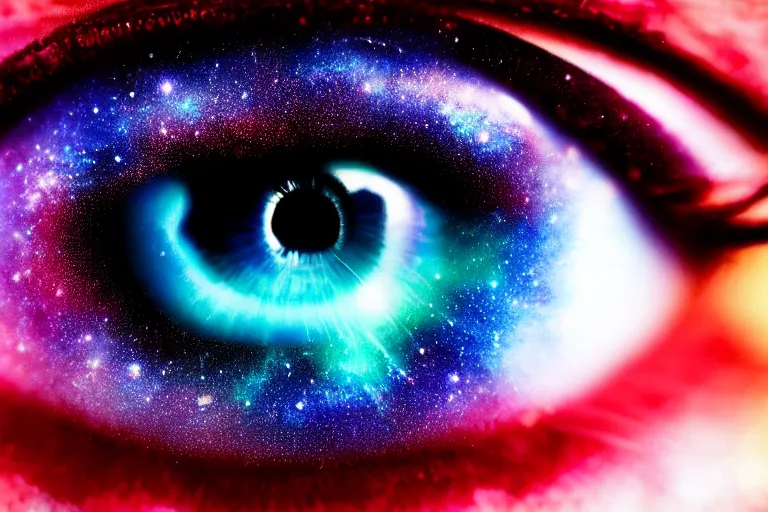 Image similar to a galaxy is inside of an eye, beautiful eye, eye, eye of a woman, realistic, ultra realistic, macro photo, beautiful, digital art, conceptual art, trending on artstation