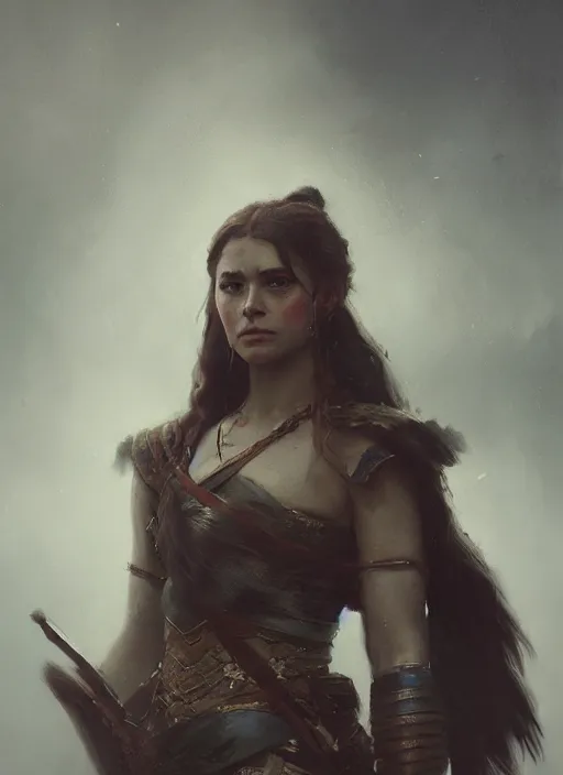 Image similar to A portrait of a warrior princess in the style of Charles Sillem Lidderdale, in the style of Greg Rutkowski, artstation, high quality art