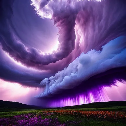 Image similar to amazing photo of a purple clouds in the shape of a tornado by marc adamus, beautiful dramatic lighting