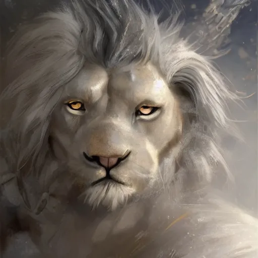 Image similar to a beautiful award winning commission of a male anthro albino lion dressed in skyrim armour,digital art,art by greg rutkowski,character design by charles bowater,ross tran,photorealistic,highly detailed,detailed face,4k,dramatic,deviantart,artstation