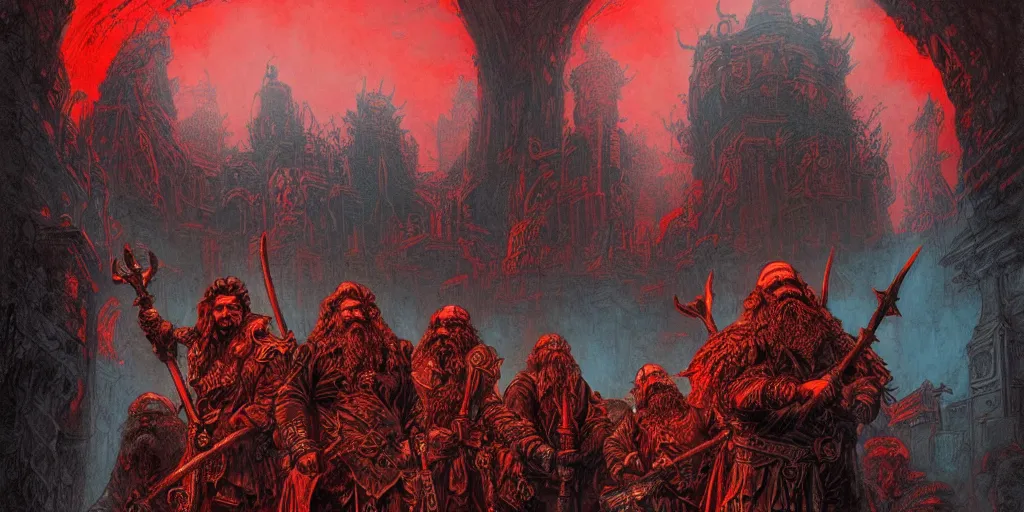 Image similar to concept art, aged dwarf warrior gang stand at the gates of hell, poster style, ornate, red, turquoise, detailed, dramatic, moody lighting, by paul pope, travis charest, gustave dore, hiroshi yoshida, moebius, artgerm, cinematic