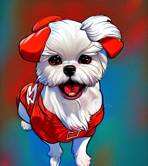 Image similar to small white shihtzu maltese mix dog in nc state stadium smiling full color digital illustration in the style of don bluth, artgerm, artstation trending, 4 k