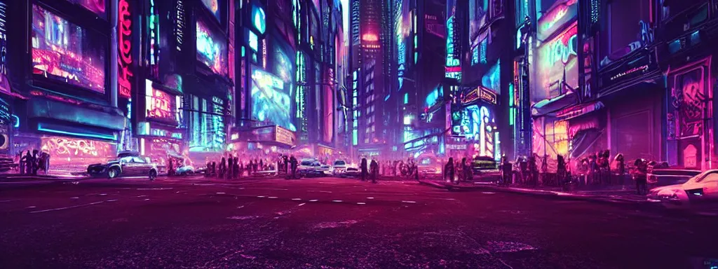 Prompt: A magnificient dark neon futuristic cyberpunk city bustling street at night made in cinema4d, masterpiece, hyper realistic, extreme details, cinematic