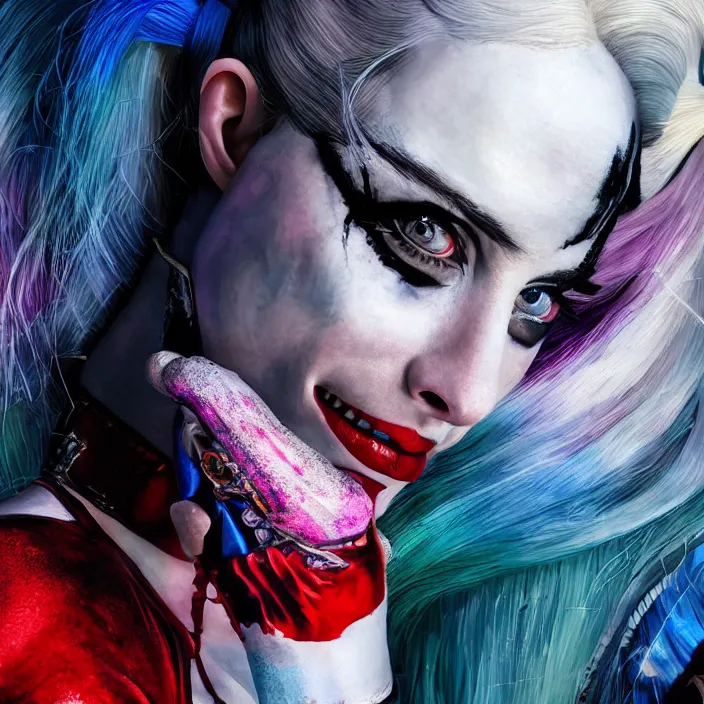 Prompt: portrait of Anne Hathaway as a harley quinn in Suicide Squad. intricate abstract. intricate artwork. by Tooth Wu, wlop, beeple, dan mumford. octane render, trending on artstation, greg rutkowski very coherent symmetrical artwork. cinematic, hyper realism, high detail, octane render, 8k, iridescent accents