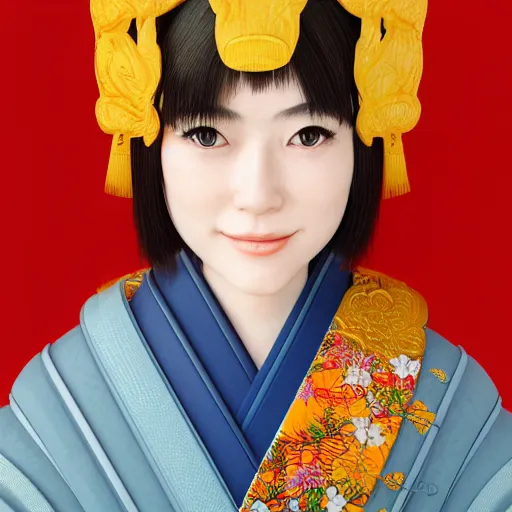 Prompt: centered portrait of a smiling 3D beautiful Japanese girl in kimono, hyperdetailed, digital painting, trending on Artstation, cel-shading style, CG society, hyperdetailed, digital painting, hypermaximalist, golden ratio, volumetric, octane render, weta digital, micro details, 3d sculpture