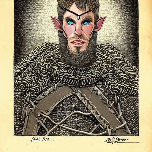 Prompt: an epic portrait of a lanky half elf with a chinstrap beard, clad in a chain mail of wood, drawn by john avon