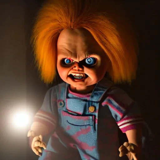 Image similar to Chucky the killer doll sitting in a dark closet with a little light shining in 8k hdr scary lighting